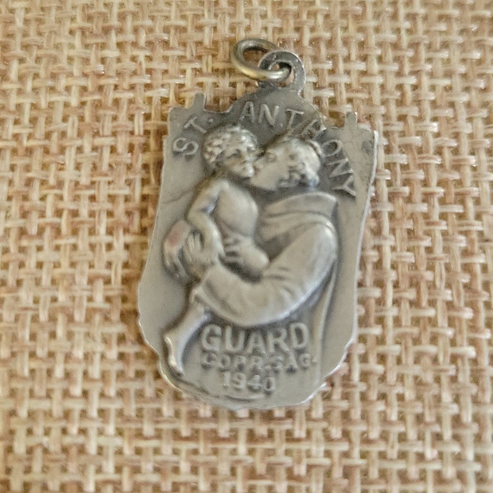 Vintage St Anthony Guard 1940 Religious Medal Pendant Silver Tone 1 Inch